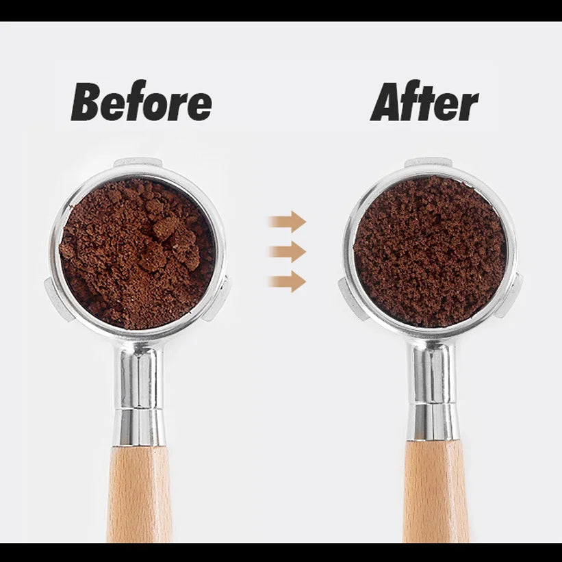 Espresso portafilters with coffee grounds, showing before and after distribution for better extraction