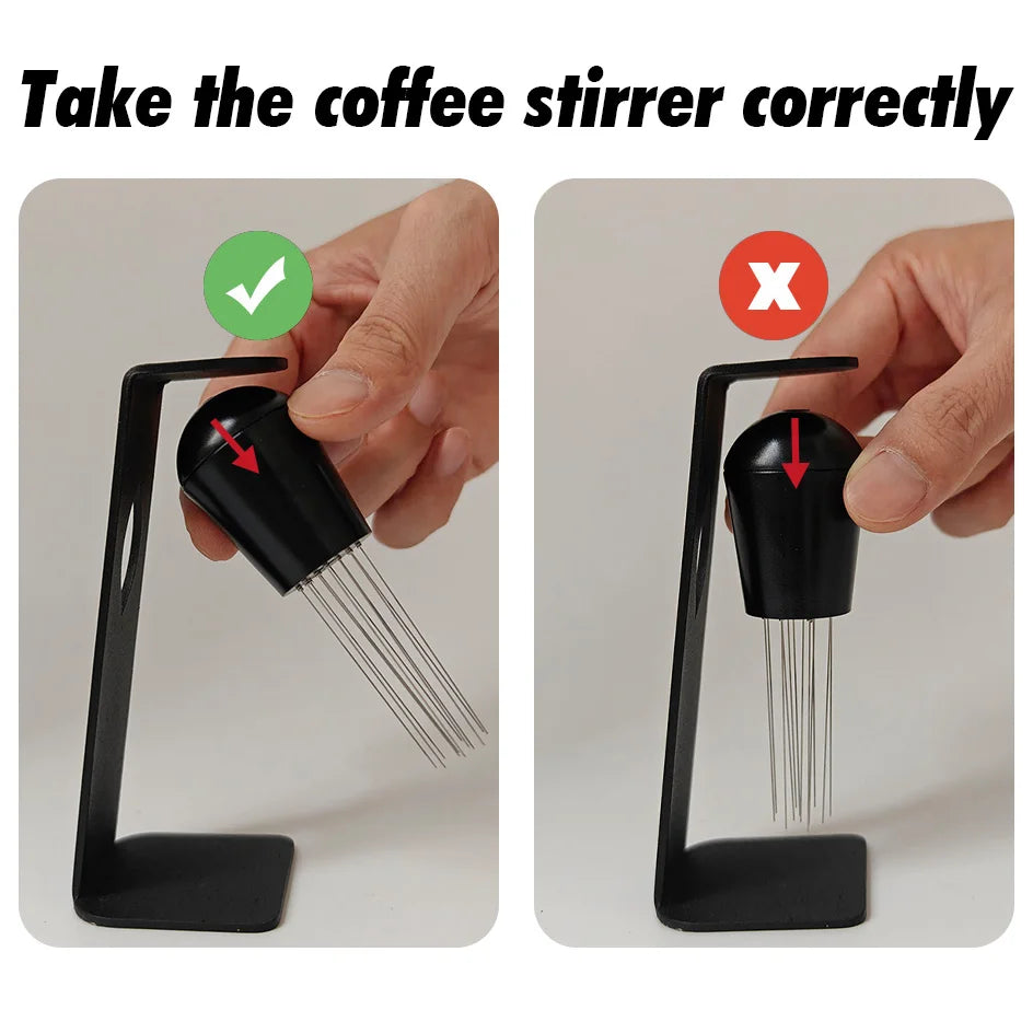 Coffee stirrer holder showing correct and incorrect ways to pick up barista espresso tool