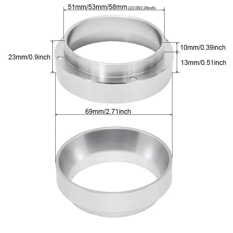 Stainless steel espresso dosing ring with precise measurements for coffee portafilter.