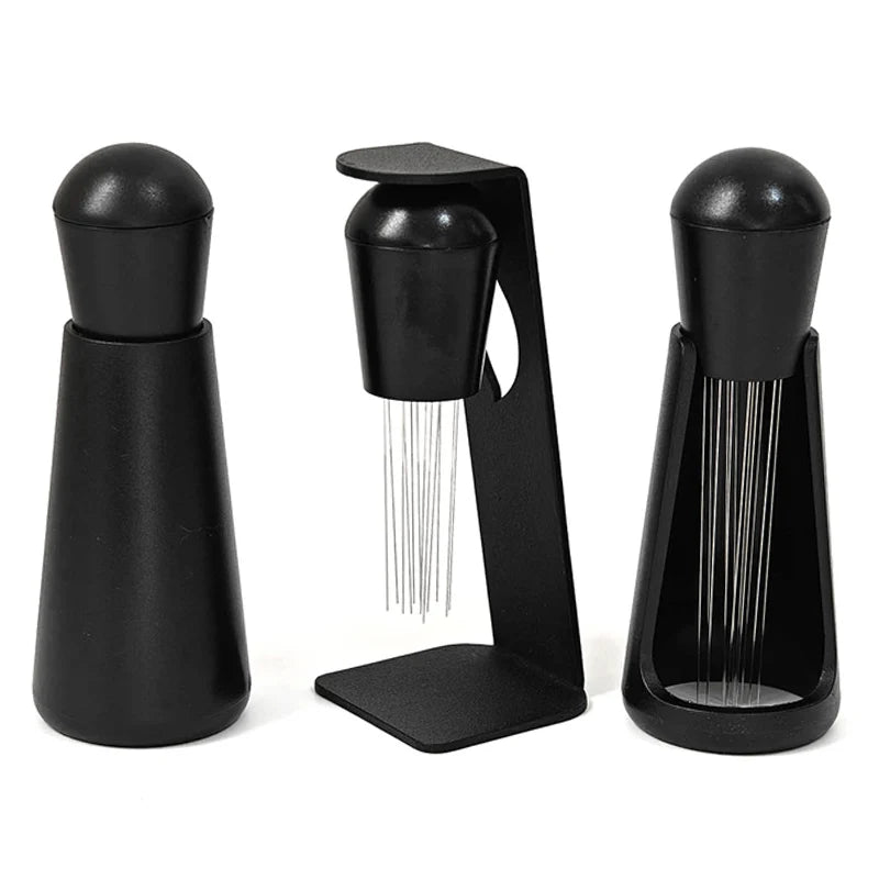 Espresso distribution tool set with black handles and metal needles for coffee puck prep