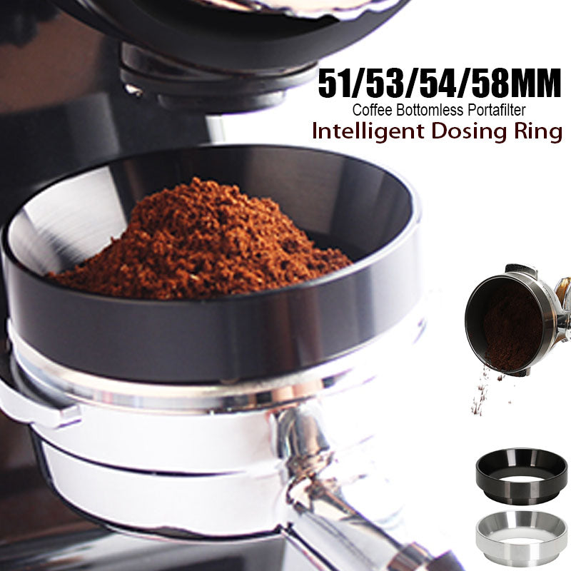 Precision coffee dosing ring on portafilter with fresh espresso grounds for home barista setup