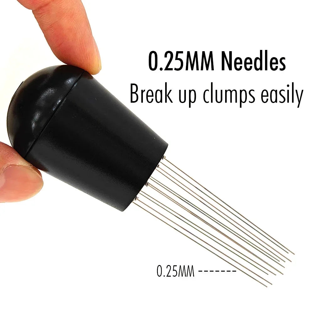 Espresso distribution tool with 0.25mm needles for breaking up coffee grounds clumps