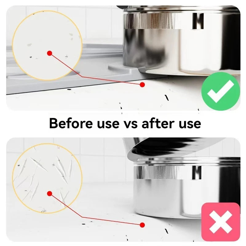 Espresso portafilter comparison showing countertop before and after use, highlighting scratch prevention.