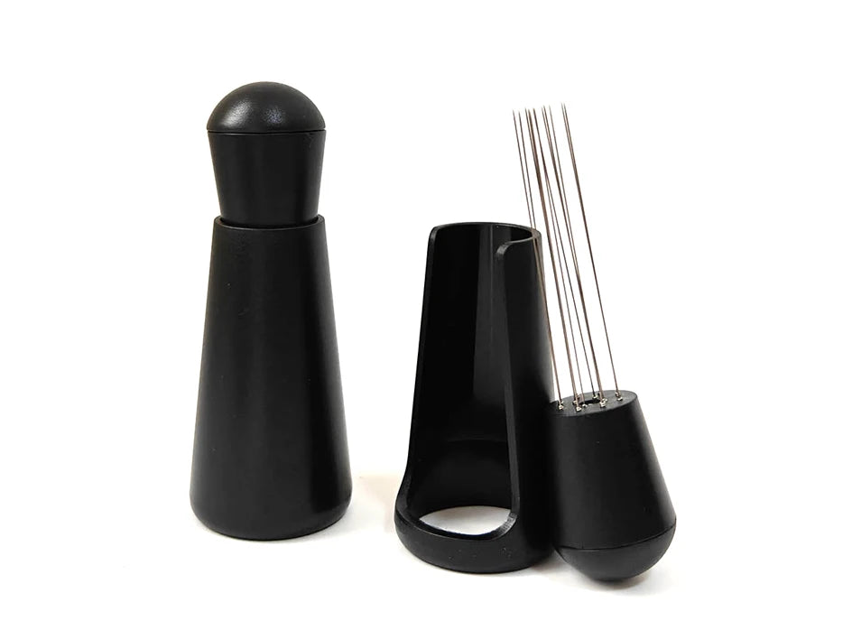 Black espresso distribution tool with holder and thin needle wires for coffee puck preparation