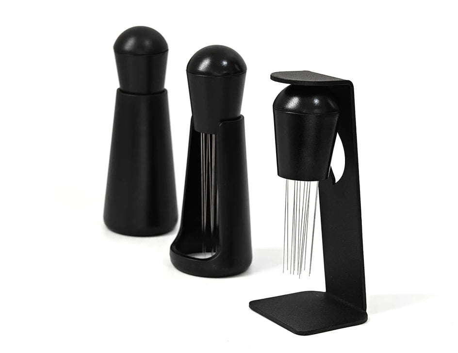 Black espresso distribution tools set with fine needles and stand for home coffee baristas