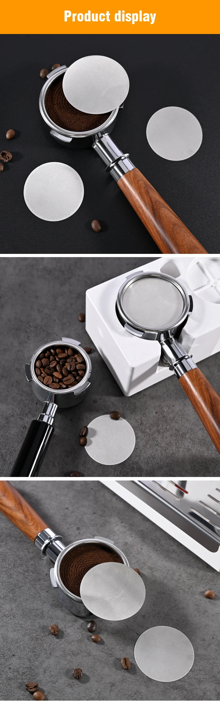 Espresso puck screens displayed with portafilter, ground coffee, and coffee beans on tabletop