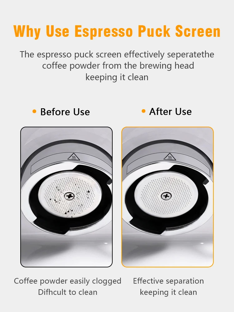 Espresso puck screen before and after use, showing improved cleanliness and coffee powder separation in an espresso machine.