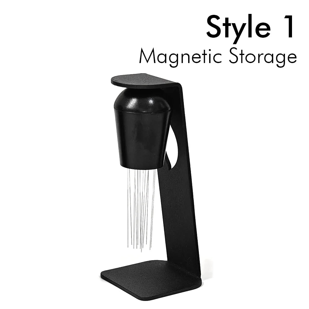 Espresso WDT distribution tool with magnetic storage stand for precise coffee puck preparation