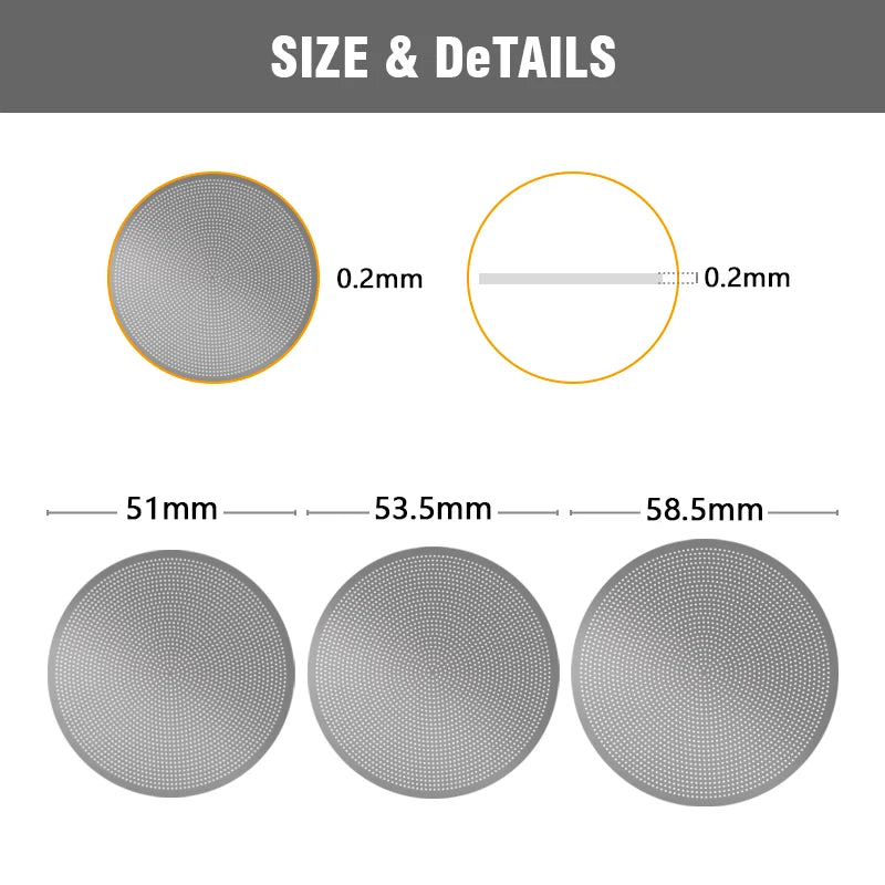 Espresso puck screens in 51mm, 53.5mm, and 58.5mm sizes, each 0.2mm thick, detailed view.