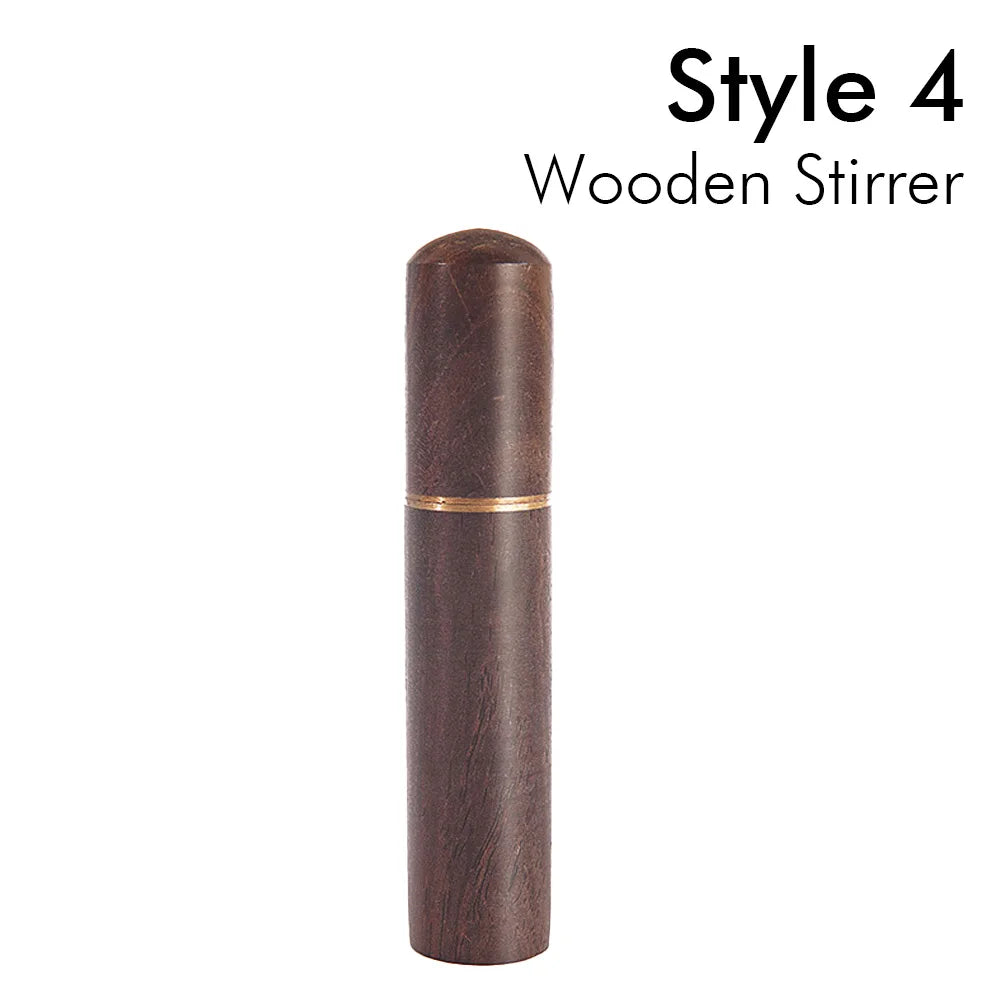 Dark wood espresso stirrer, cylindrical with rounded top, labeled Style 4, coffee accessory
