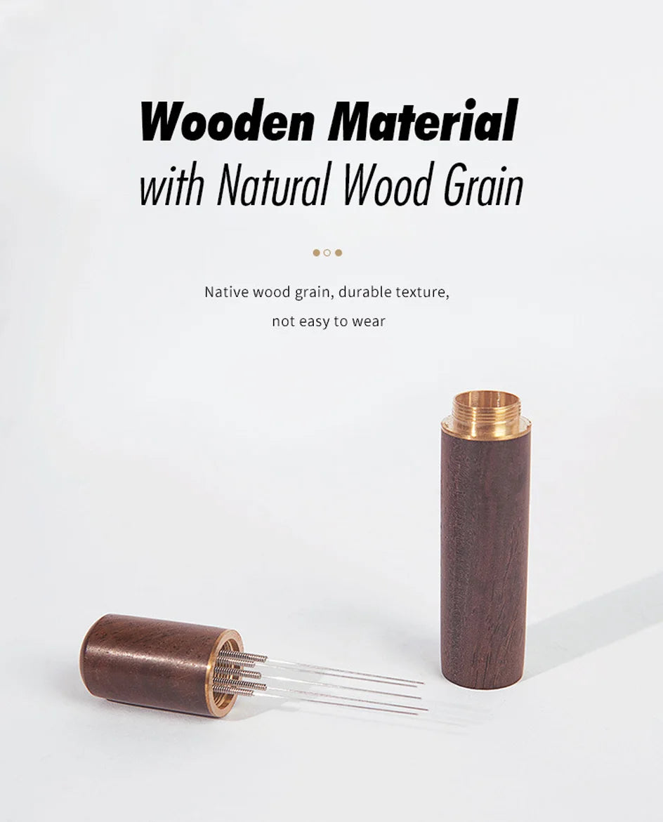 Wooden espresso distribution tool with natural wood grain and exposed needles on white background