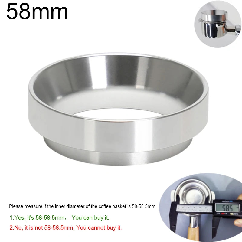 58mm stainless steel espresso dosing ring for coffee portafilter, measurement instructions shown
