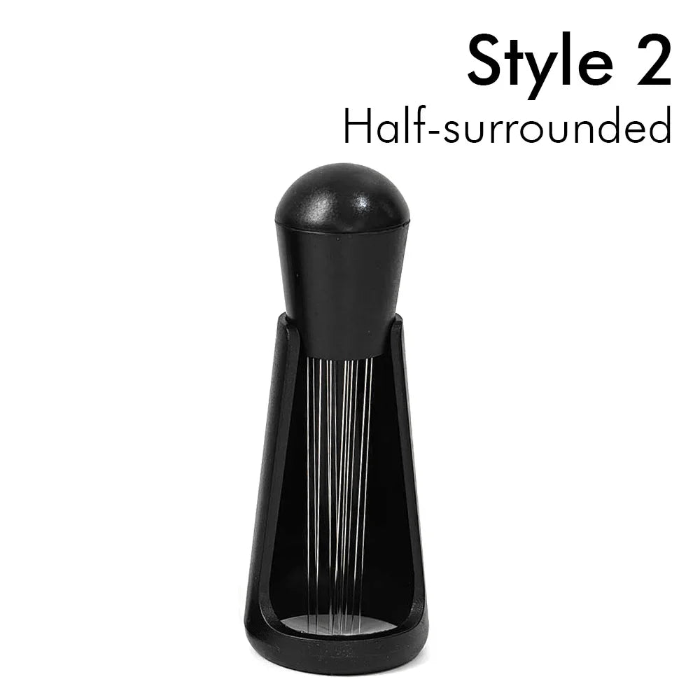 Espresso distribution tool with black handle and half-surrounded wire prongs, Style 2