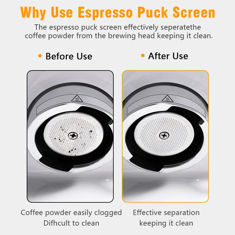 Espresso puck screen before and after use comparison highlighting clean coffee machine filter.