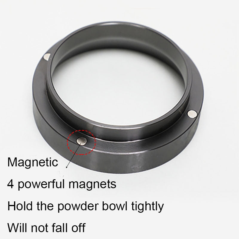 Magnetic espresso dosing ring with 4 magnets for secure portafilter attachment, coffee accessory.