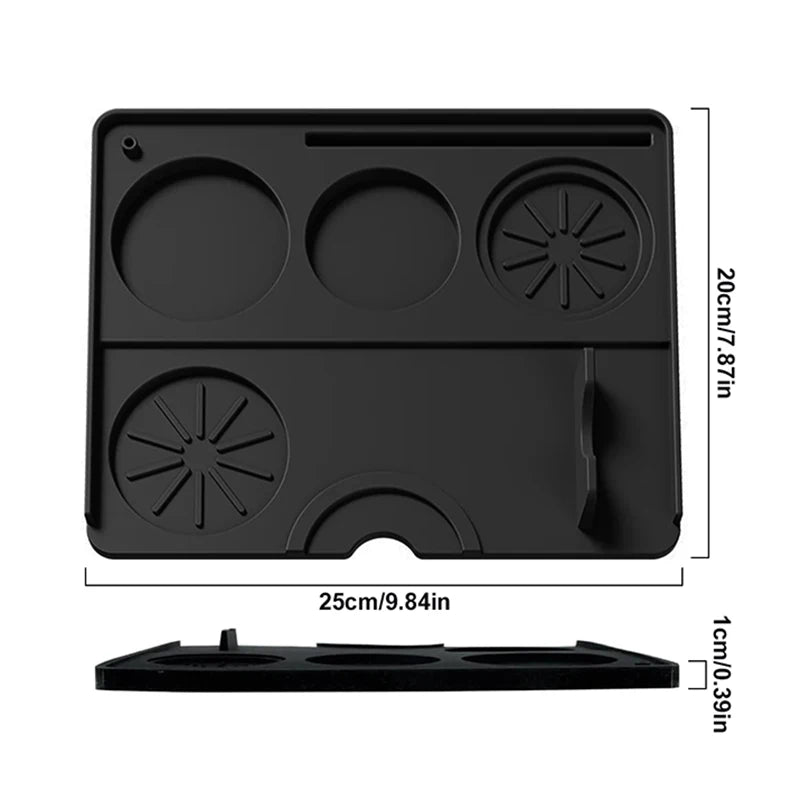 Black silicone espresso tamping mat with multiple slots and raised edges, 25x20 cm size