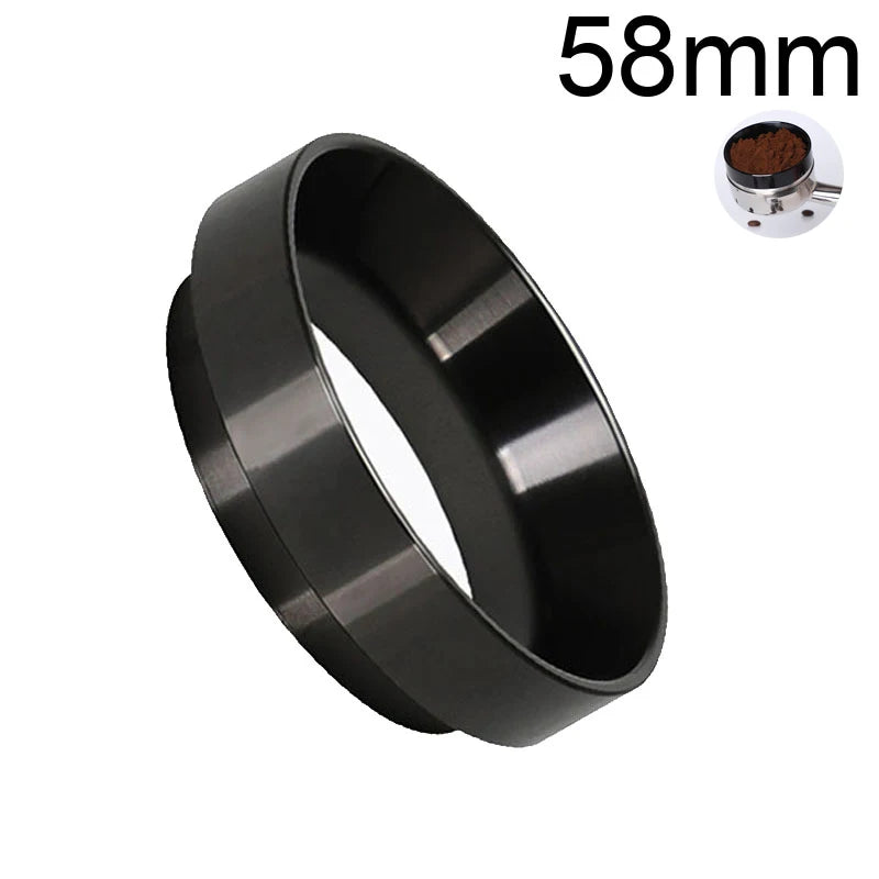 58mm coffee dosing ring for espresso portafilter, black metal accessory on white background
