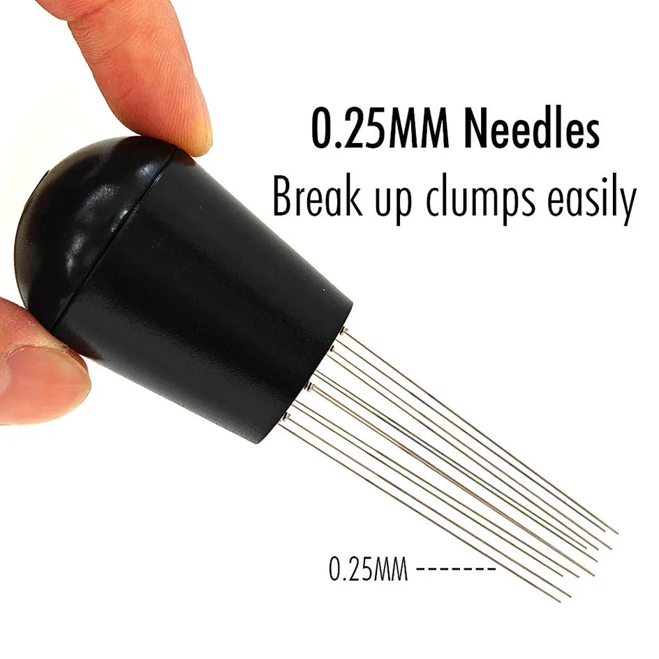Espresso distribution tool with 0.25mm needles for breaking up coffee grounds clumps