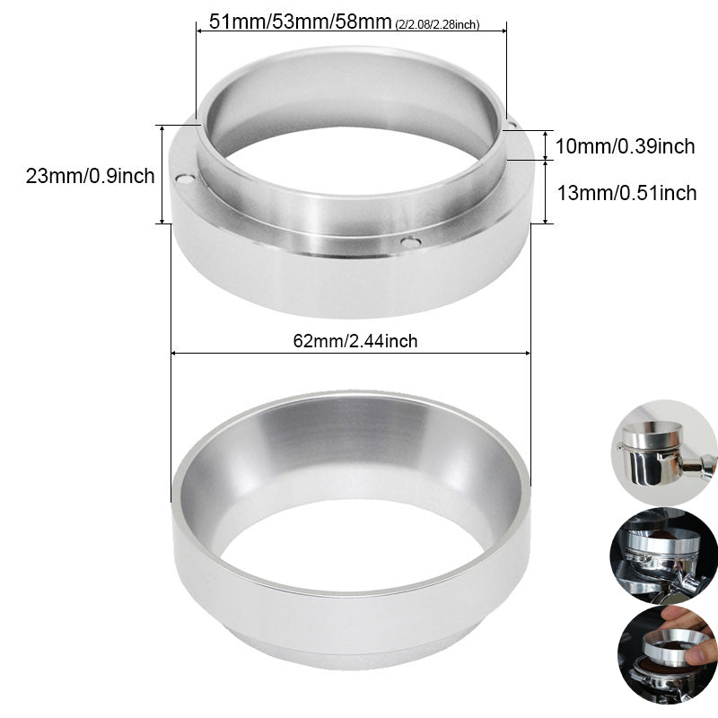 Stainless steel espresso dosing ring with dimensions, shown for portafilter compatibility.