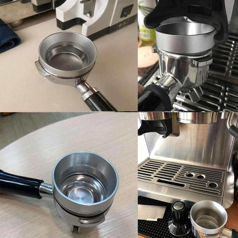 Espresso dosing ring and puck screen on portafilter for home coffee machine setup