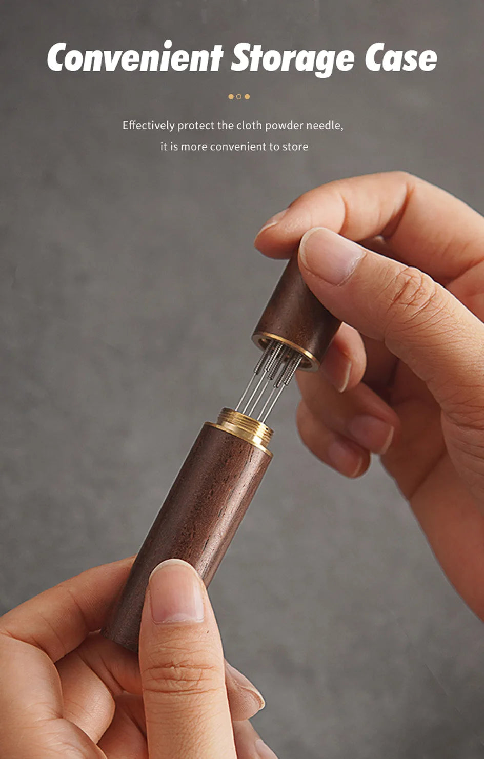 Hand holding espresso distribution needle tool in a compact wooden storage case