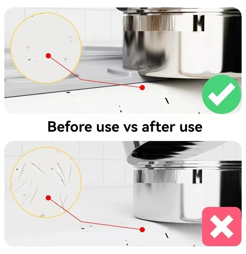 Espresso portafilter on countertop, before and after use comparison highlighting scratch prevention.